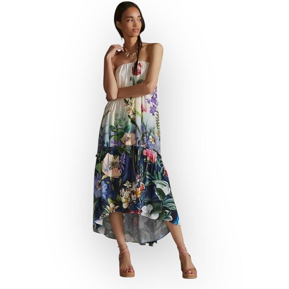Anthropologie Midi Dress Women's Med White Blue Floral Strapless Tunic High Low